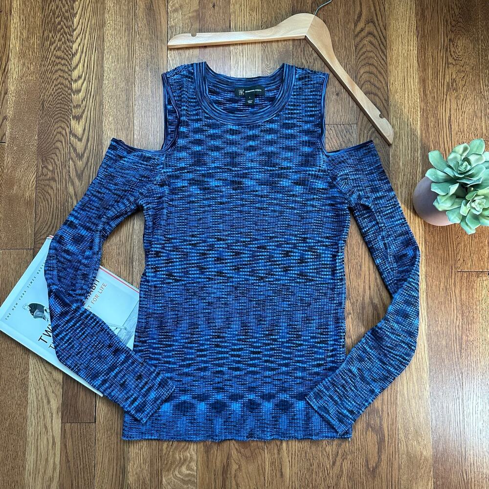 INC Blue & Black Marled Long Sleeve Cold Shoulder Sweater